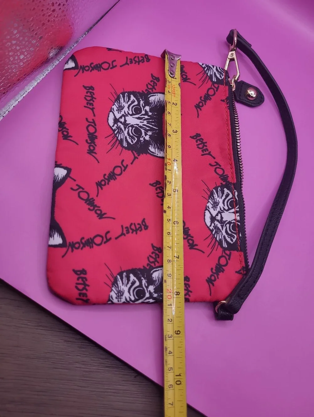 Betsey‎ Johnson Red Cat Print Wristlet with Black Strap